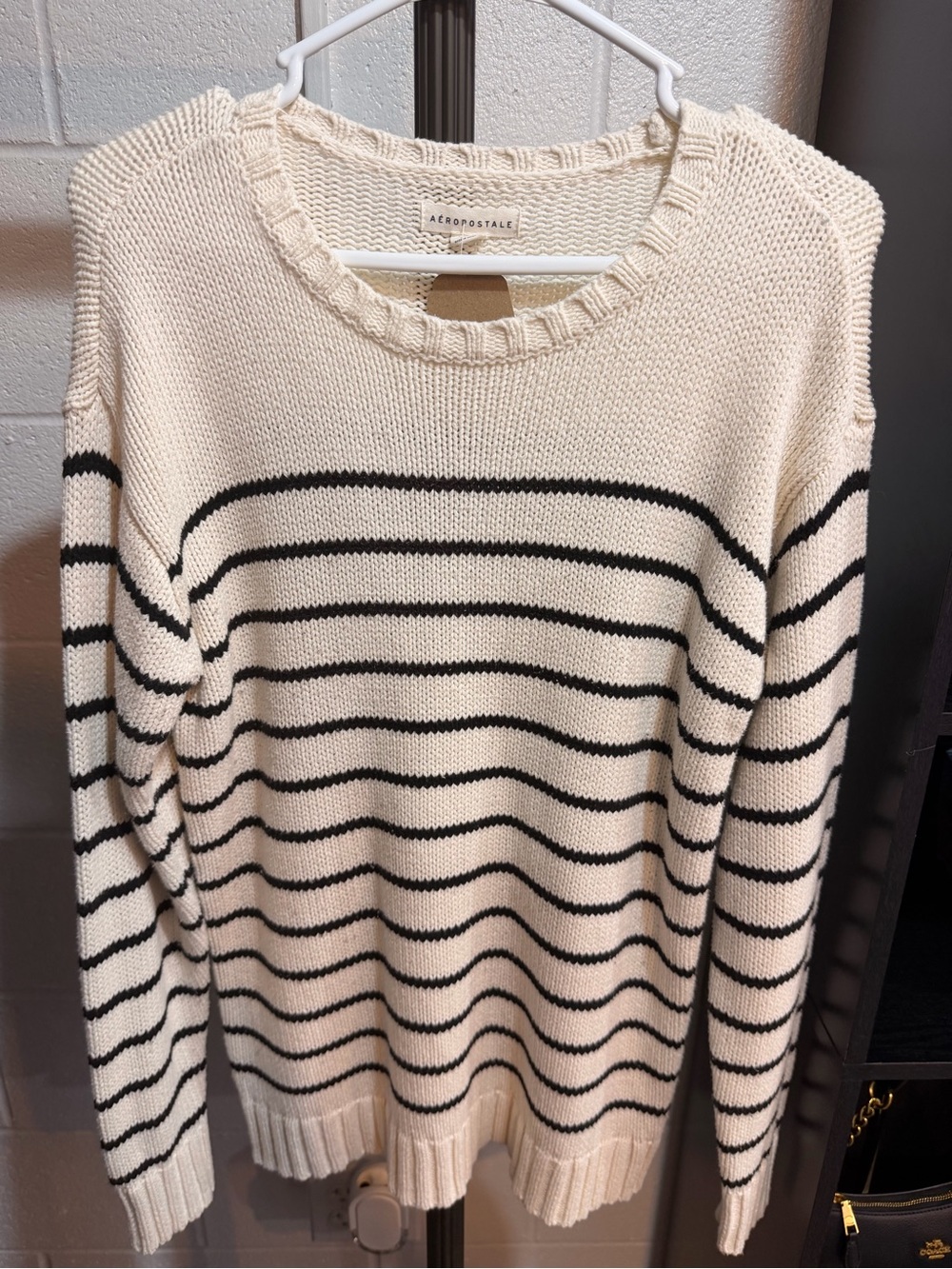 Aeropostale Cream Sweater with Black Stripes - Crew Neck